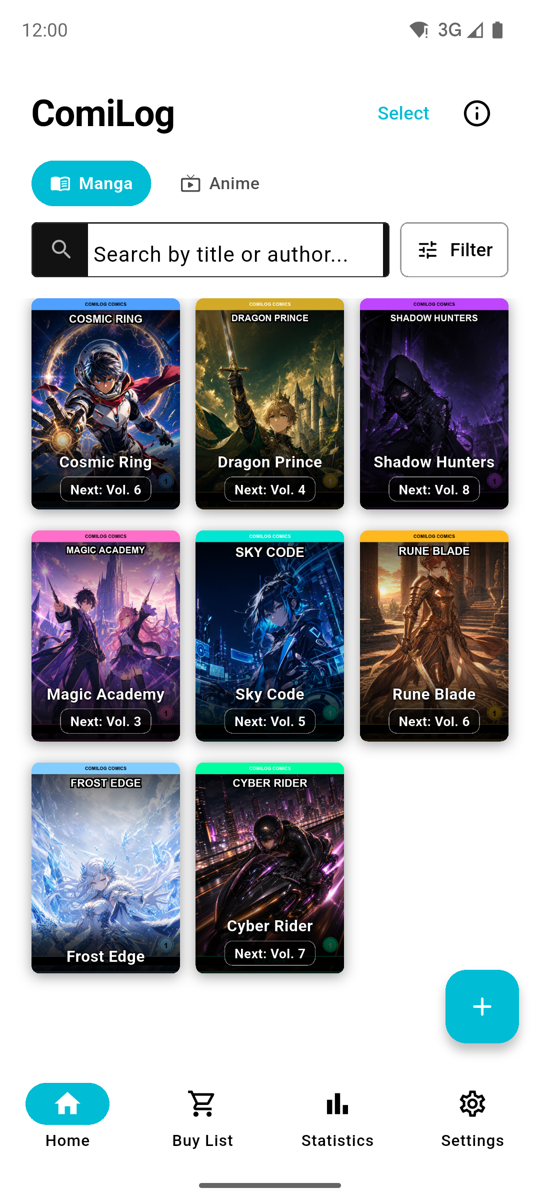 ComiLog bookshelf showing the next volume to buy for each series