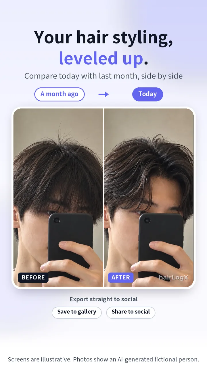 hairLogX comparison image showing last month and today side by side