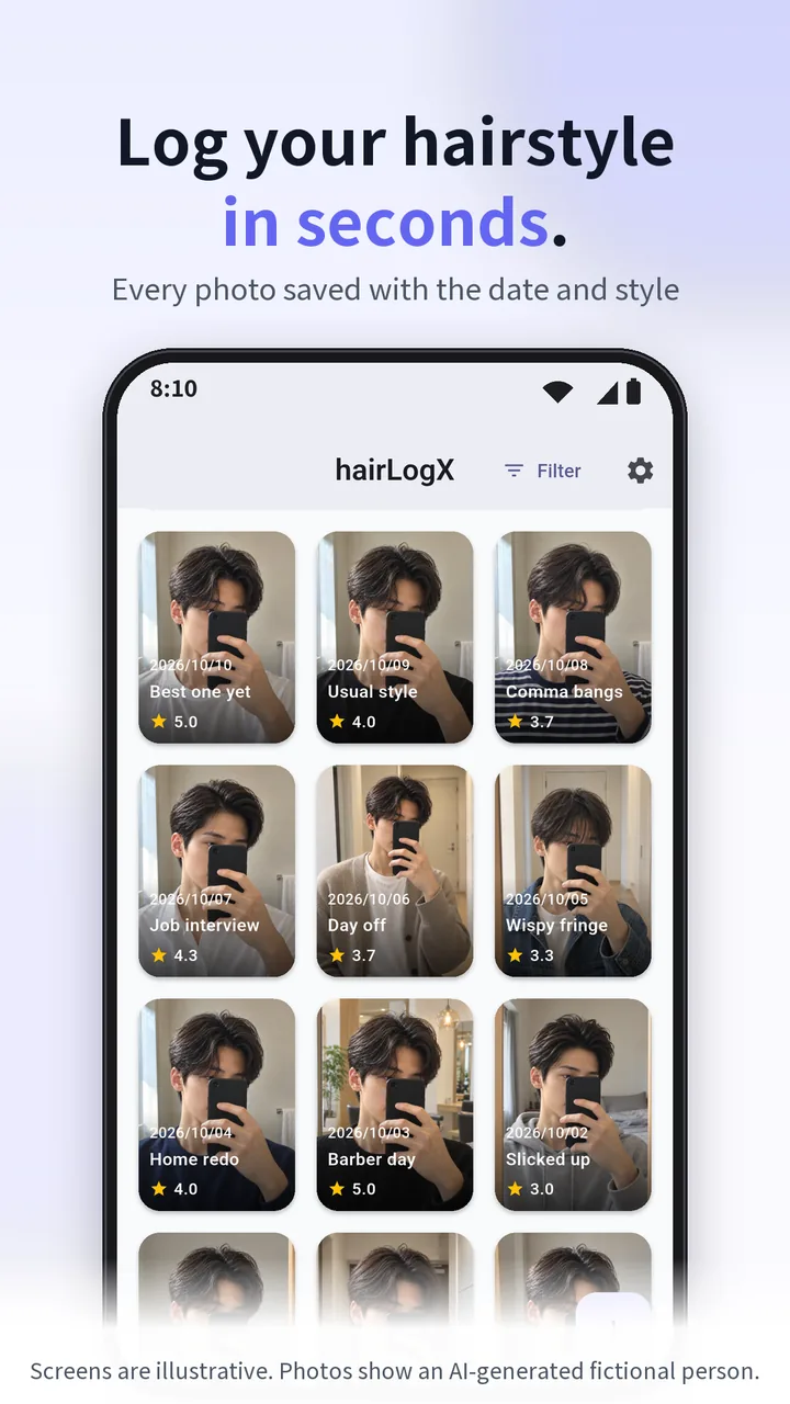 hairLogX home grid with hairstyle photos, dates and style names