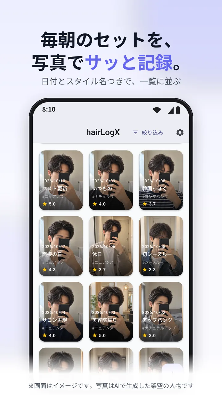 日付とスタイル名つきでヘアセットの写真が並ぶhairLogXの一覧画面