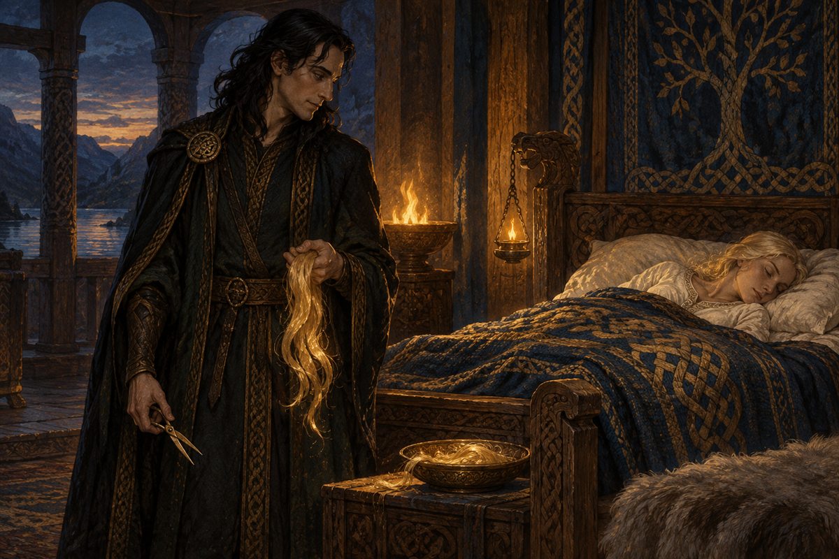 眠るシヴの髪を切り、その髪を手に持つロキを描いた絵