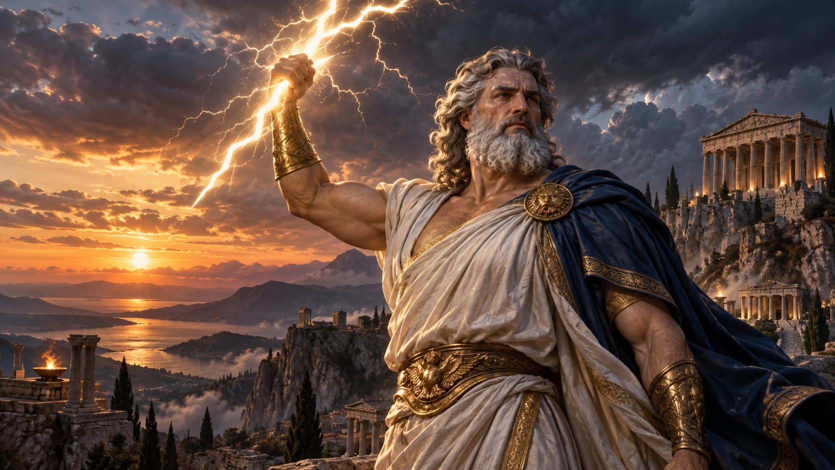 雷霆を掲げるギリシャ神話のゼウスを表した独自制作イメージ。